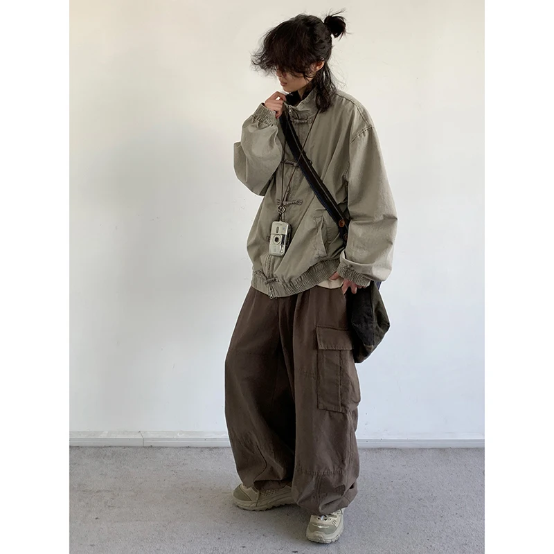 Stand-up Collar Jacket Men Women Chinese Retro Solid Color Loose Coat Autumn Casual Loose Simple Jacket Unisex Streetwear 2024 6