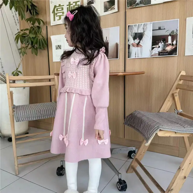 

2023 New Girl Temperament Small Bow Princess Dress Baby Girl Autumn and Winter Knitted Dress