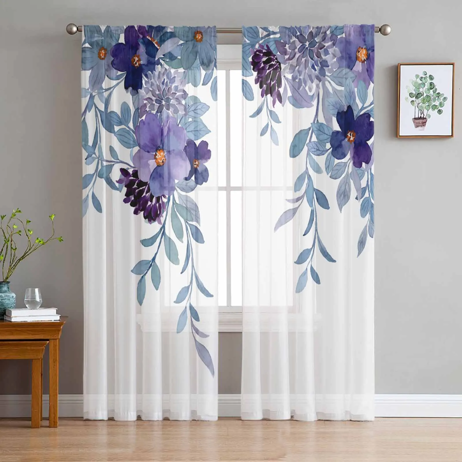 

Countryside Plants Flowers Watercolors Tulle Voile Curtains for Bedroom Living Room Window Curtain Sheer Curtains Organza Drapes