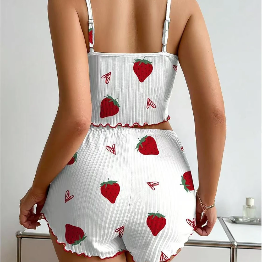 Female Girl Pajamas 2 PCS Set Strawberries Printing Soft Ribbed Fabric Ventilate Soft Trim Casual Top and Shorts Loungewear women pajamas set cotton pajamas set