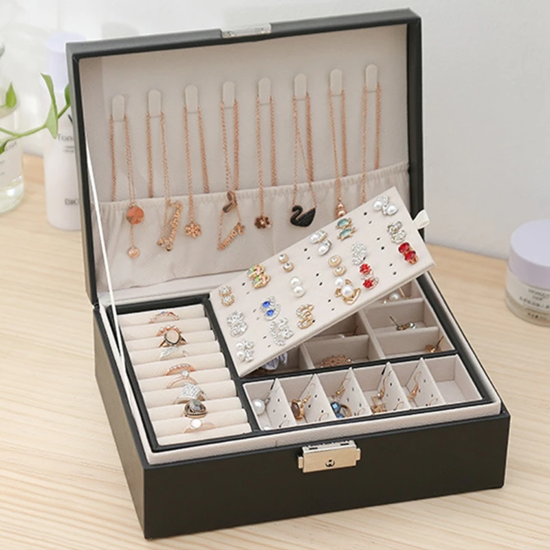 

Protable Travel PU Double Layers Jewelry Box Display Earrings Rings Necklaces Storage Holder Drop shipping