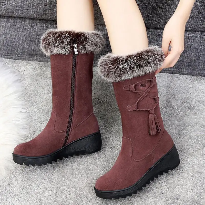 

New Winter Women Middle Boots Fashion Zipper Thick Bottom Non-slip Cotton Boots Female Plush Warm Snow Boots Casual Women Shoes