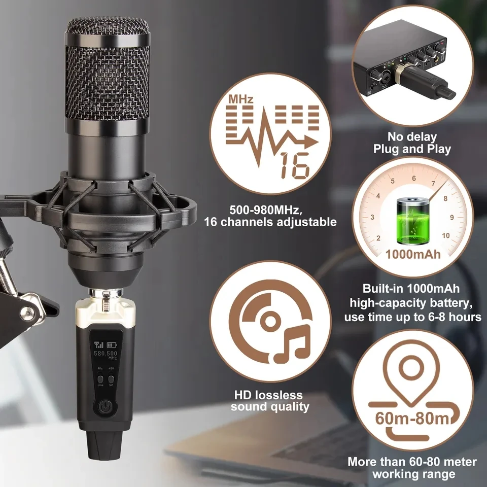 Sistema de Microfone Xlr Plug-on sem Fio 48v Phantom Fonte de Alimentação Transmissor Receptor para Condensador Microfone Dinâmico