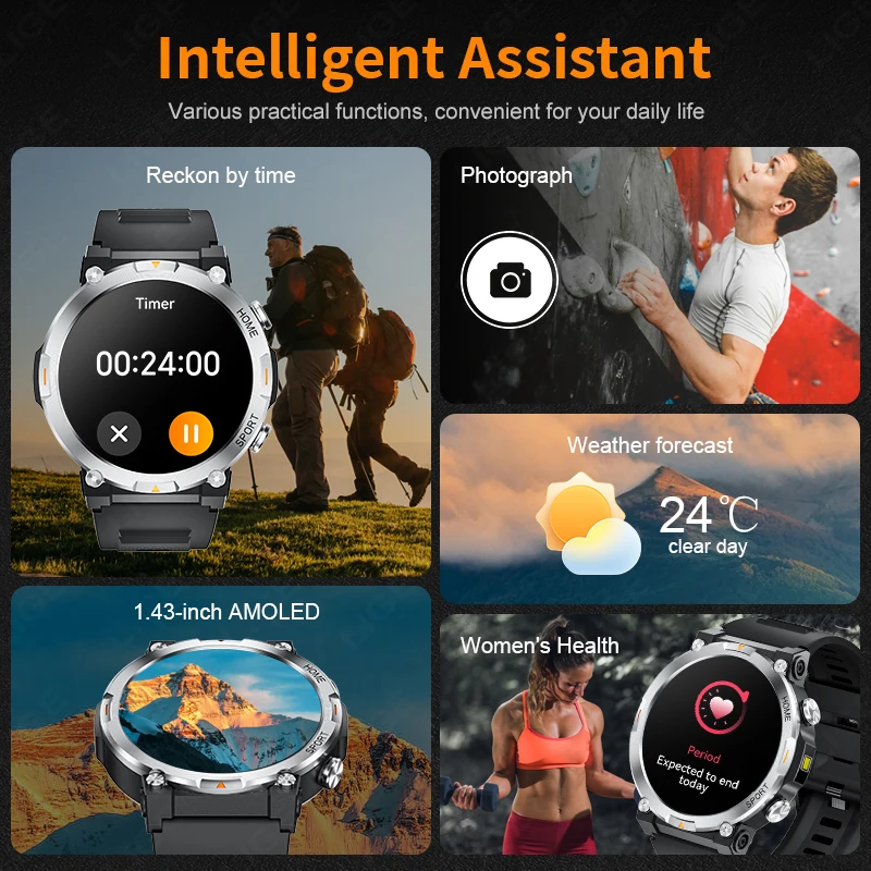 LIGE Men Smartwtach 1.43 Inch AMOLED Screen Men Watch Health Monitoring Sports LED Flashlight Smart Watch Bluetooth Call Watches