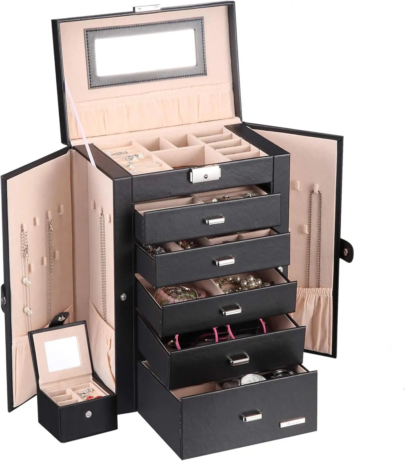 2 in 1 Huge Jewelry Box/Organizer/Case Faux Leather with Small Travel Case, Gift for Girls or Women (Black)