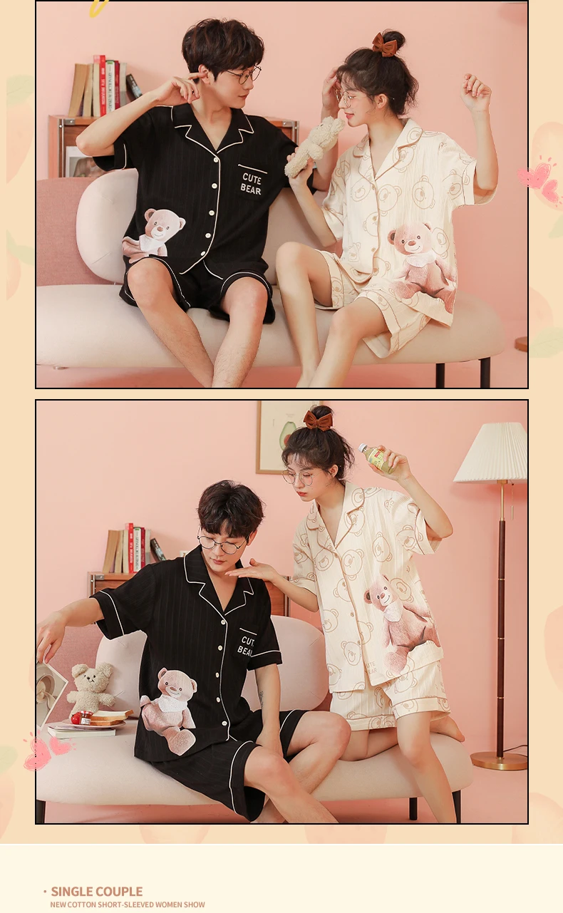 New Fashion Summer Pajama Soft Cotton Man's and Women's Home Clothing High Quality Texture Fabric Shorts Sleepwear for Couple men satin pajamas