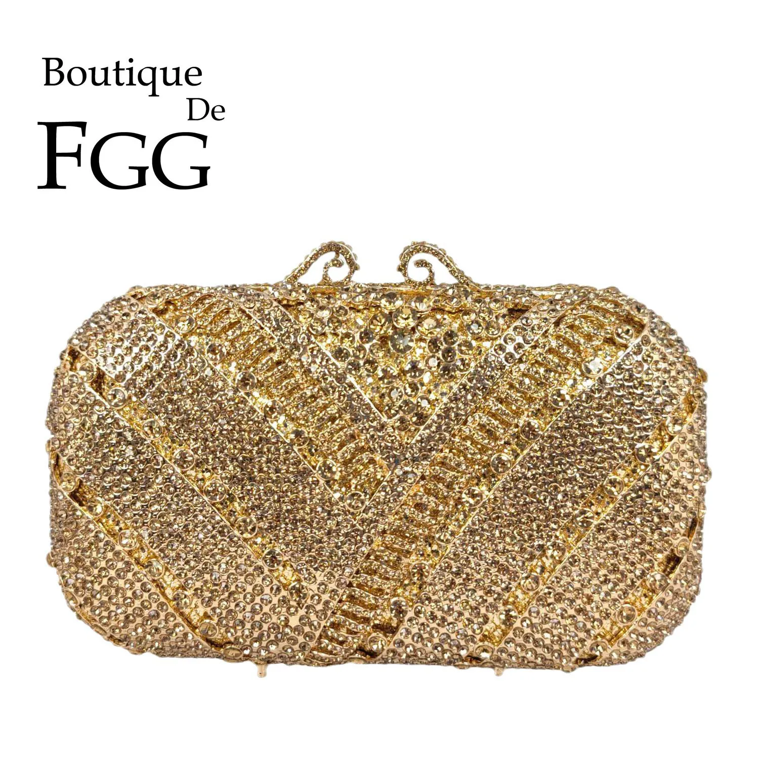 

Boutique De FGG Dazzling Women Gold Crystal Evening Minaudiere Bag Party Dinner Bridal Wedding Rhinestone Handbags Crystal Purse