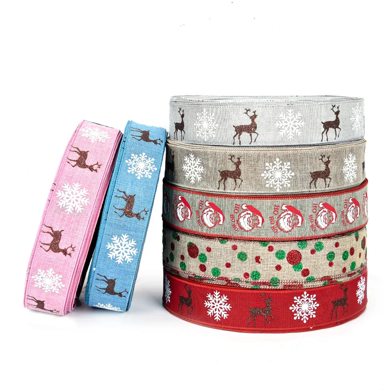 

Wide 5Cm Christmas Linen Ribbon Snow Elk Santa Claus Christmas Tree Decoration Scene Layout DIY Bow Gift Packaging Ribbon 2m-10m