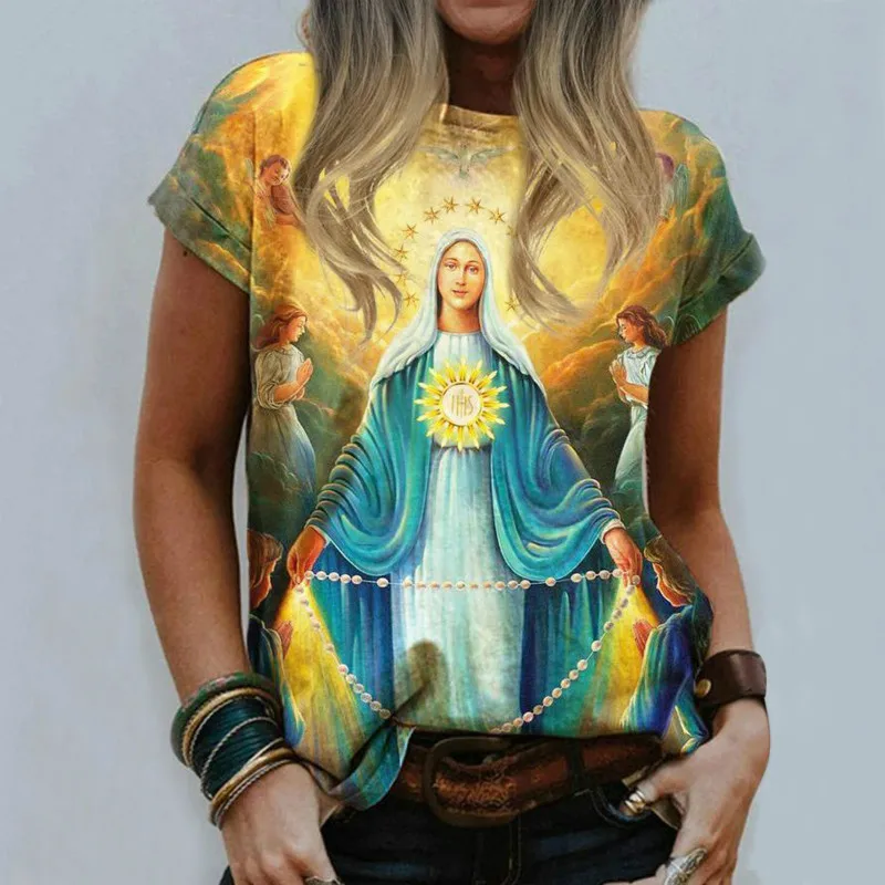 

Ladies T Shirt Virgin Mary Casual Harajuku O Neck Tshirt Women Jesus Religious Cartoon 3d Print Top Female Clothes Fashion Shirt