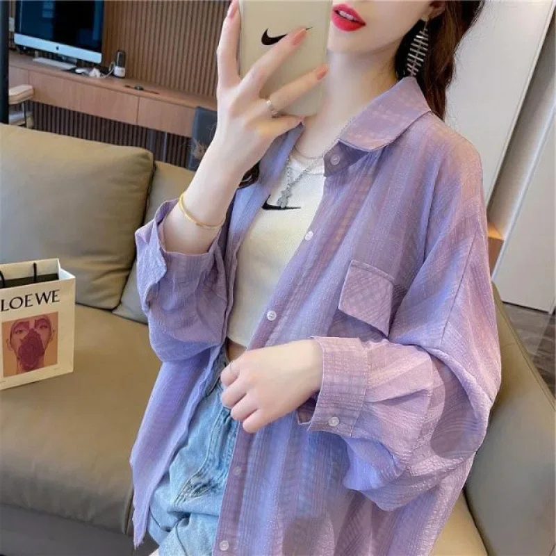 여성 시폰 에어컨 재킷, 중간 길이, 통기성, 루즈핏, 얇은 긴팔 가디건, 홍콩 스타일, 패셔너블