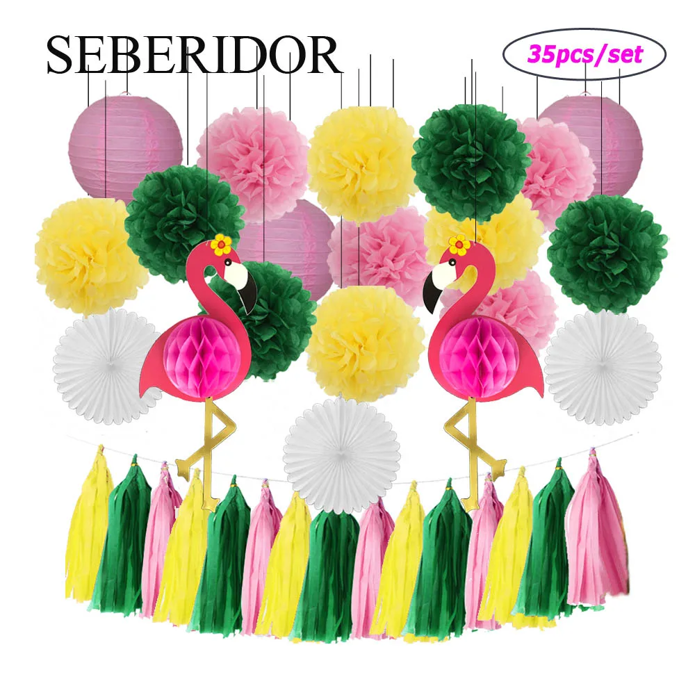 

Набор для вечерние в виде фламинго, Круглая Бумажная подвеска-фонарик розового и синего цвета с кисточкой для детей, для мальчиков и девочек, для крещения, украшение на 1-й день рождения