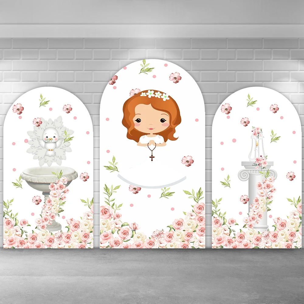 

Custom Girl Baptism Arch Cover Wall Backdrop Pink Flower Bird God Bless Baby Shower Background Banner
