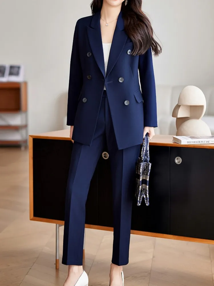 Women Fashion Korean Casual Solid Pantsuit Office Slim Vintage Elegant Business Two Pieces Set Female Chic Outfits Clothes