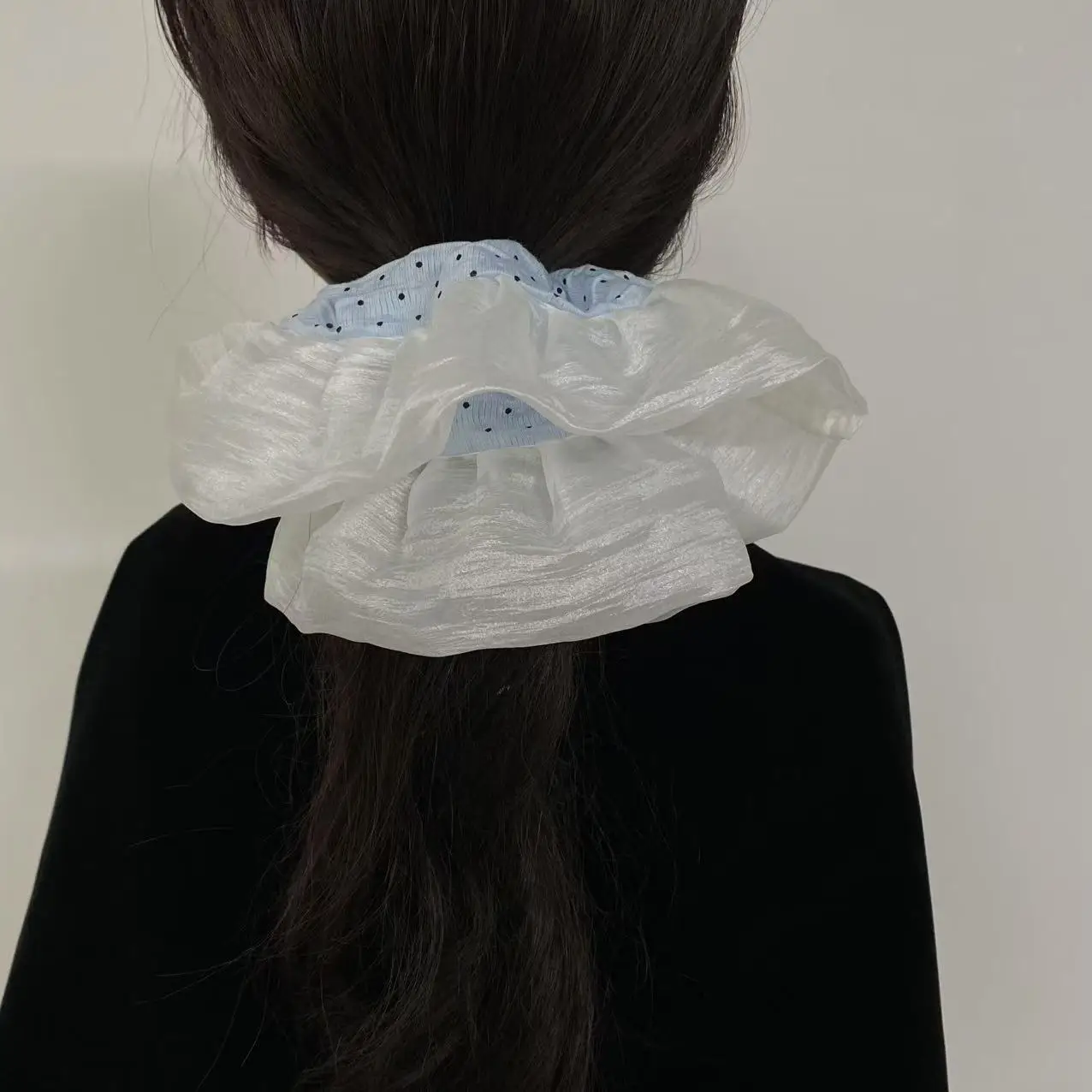 1PC Elegant Organza Hair Scrunchies With Blue Polka Dot Center, Romantic Hair Accessories For Women