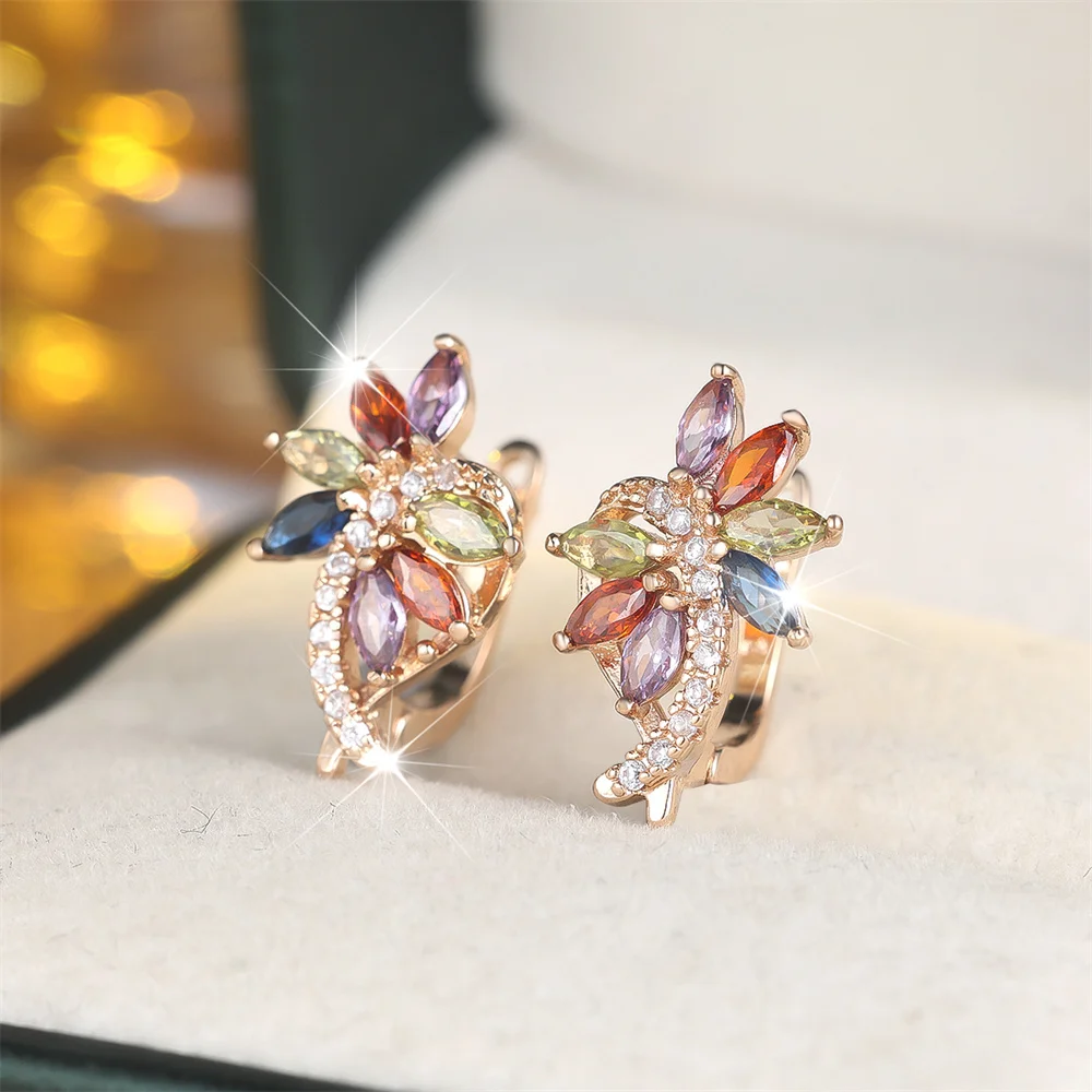 Multicolor Zircon Marquise Stone Flower Hoop Earrings For Women Vintage Gold Color Ear Buckle Wedding Jewelry Engagement Gifts
