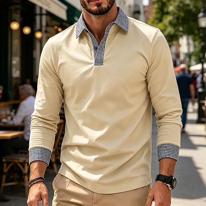 Polo da uomo a maniche lunghe con risvolto a quadri a contrasto, vestibilità regolare, per tutti i giorni, ufficio, affari, weekend, viaggi, casual, streetwear, top basic