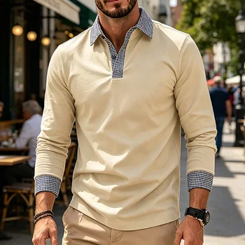 Polo da uomo a maniche lunghe con risvolto a quadri a contrasto, vestibilità regolare, per tutti i giorni, ufficio, affari, weekend, viaggi, casual, streetwear, top basic