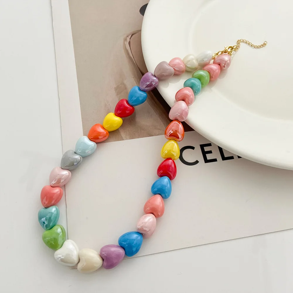 Ceramic Color Love Splicing Necklace Fashionable Girl's Heart Niche Design Peach Heart Clavicle Chain Gothic Choker New 2022