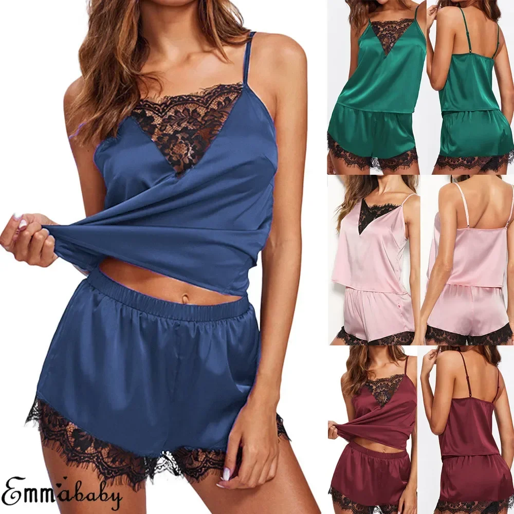 Women Ice Silk Pajamas Sleepwear Pajama Set Nightgowns Nightdress Camisole Shorts Black Red L XL Lace Casual Sexy Smooth  파자마