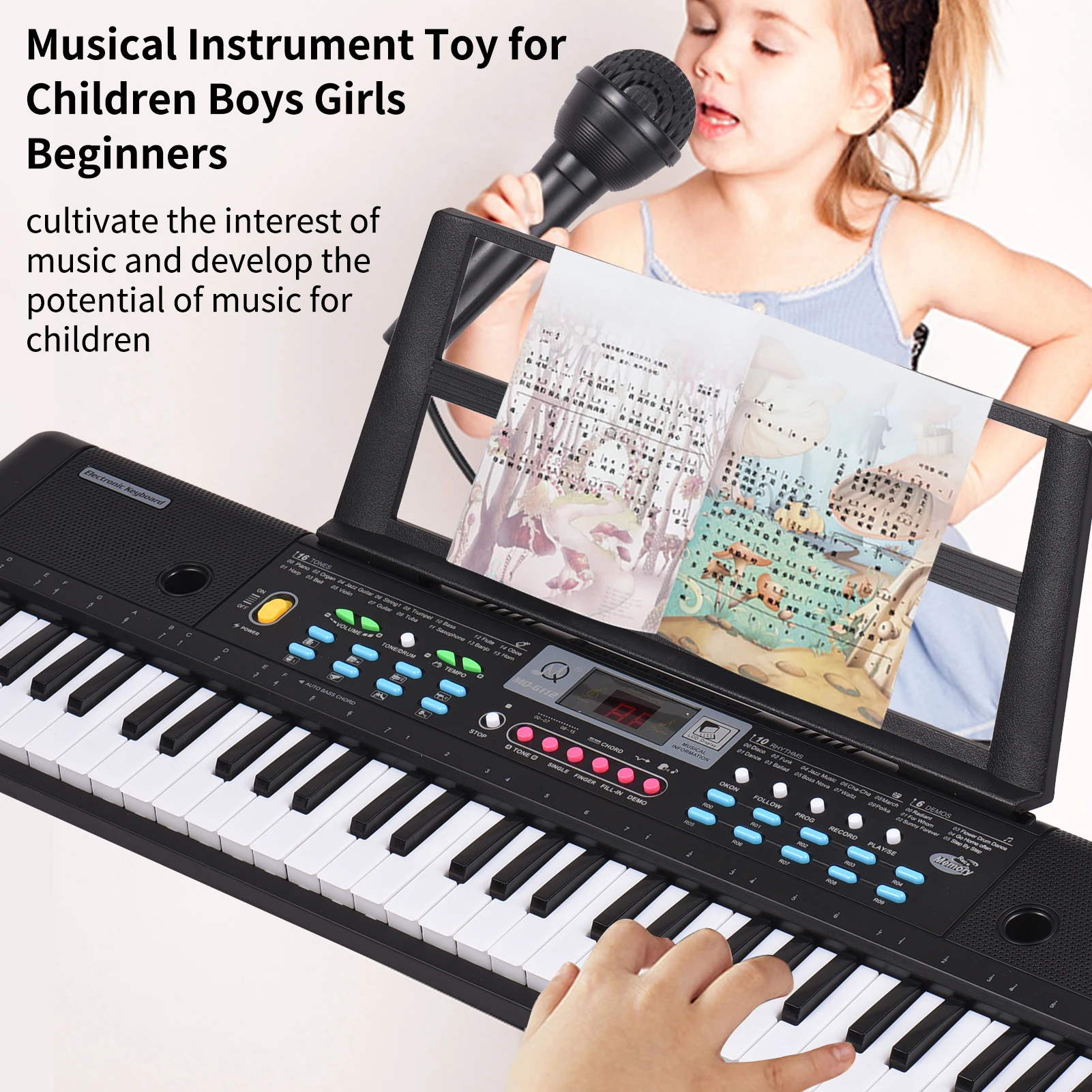 61 Keys USB Kids Electric Piano with Mic Digital LED Display Built-in Dual Stereo Speakers with 16 Tones 10 Rhythms 6 Demo Songs