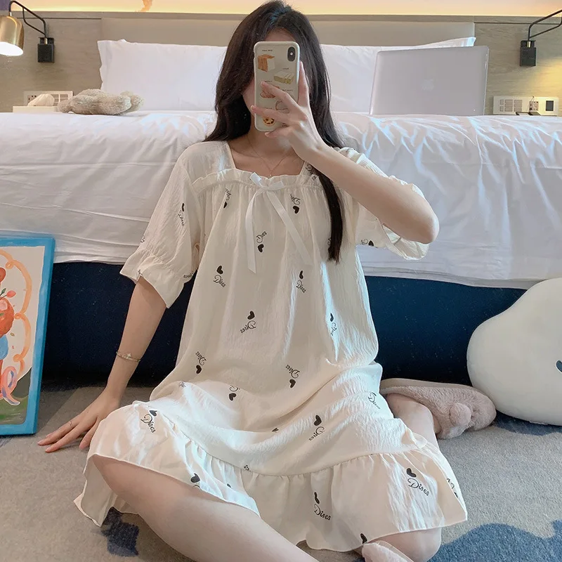 Female Sweet Square Neck Bow Tie Nightdress Summer Thin Soft Cloud Cotton Peignoir Half Sleeve Dress Home Lounge Wear for Women