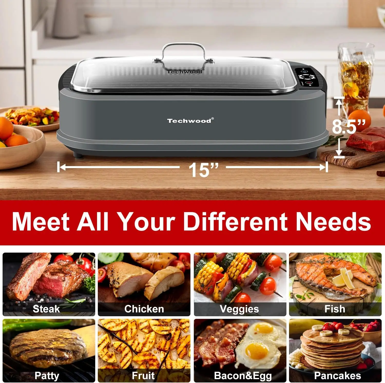 Grill Smokeless Grill, 1500W Indoor Korean BBQ Electric Tabletop Grill with Tempered Glass Lid, Removable Grill and Griddle Plat 4