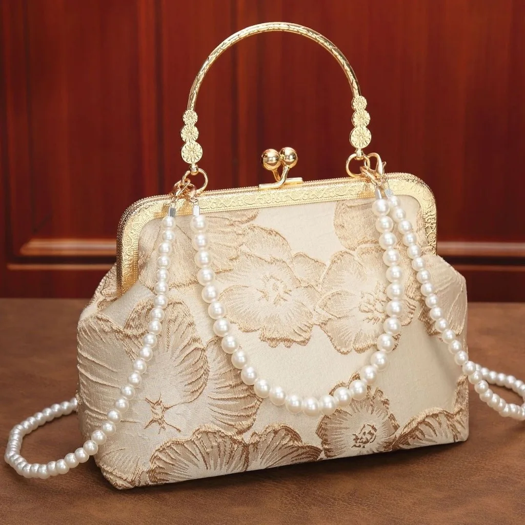 Floral Embroidered Handbag Oriental Pearl Decorated Bag Polyester Crossbody Bag Interchangeable Evening Bag For Travel Formal