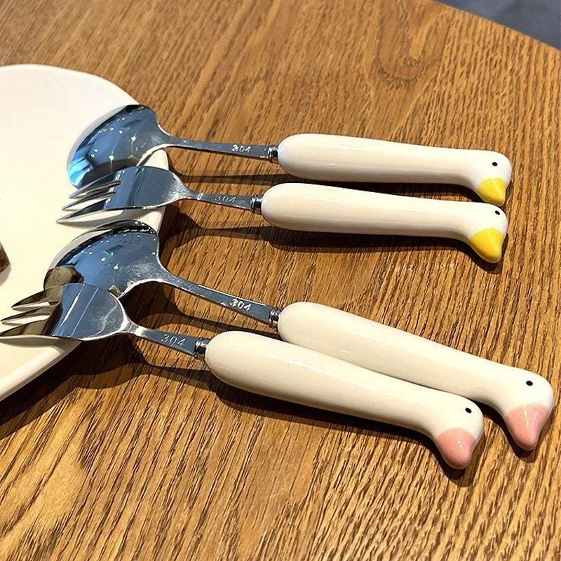 Children Cartoon Animals Cutlery Stainless Steel Spoon Fork Set Portable Outdoor Lunch Tableware Box Kitchen Accessories