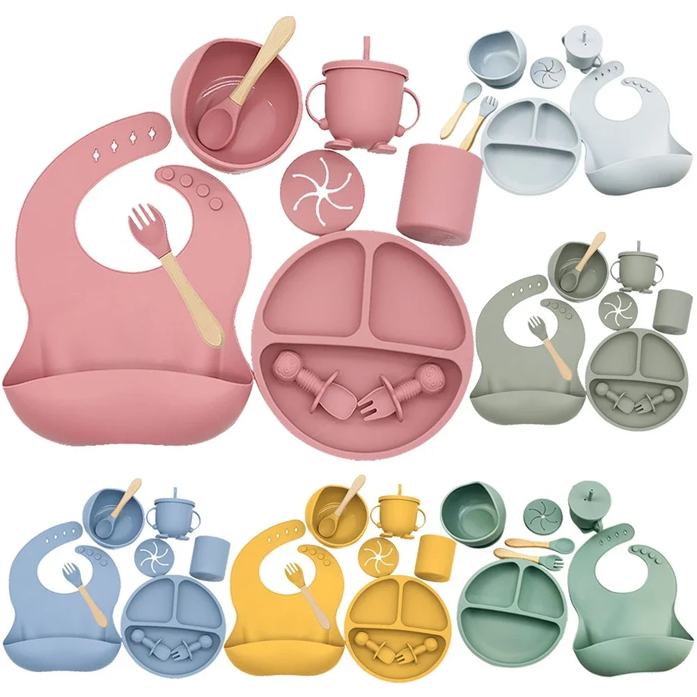 

Baby Soft Silicone Tableware Set Baby Feeding Dishes Plate Sucker Bowl Bibs Spoon Fork Set Children Non-slip Dinnerware BPA Free