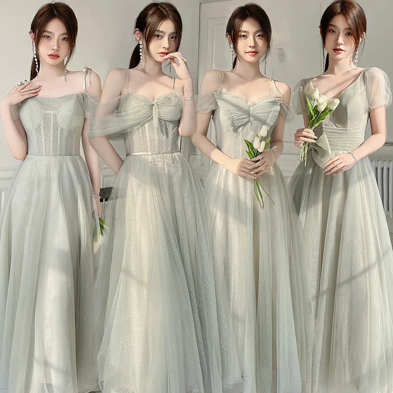 

Elegant Fashion Bridesmaid Dresses 4 Styles Tulle Wedding Party Mid-Length A-Line Banquet Gowns Sister Group Evening Dress