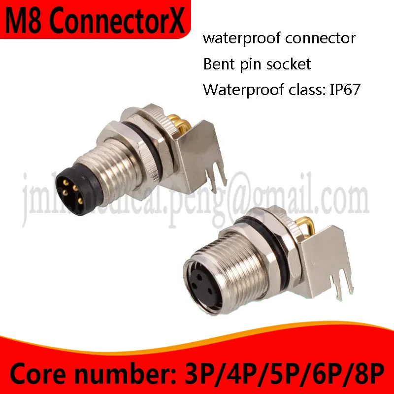 

M8 Aviation Plug Bent Pin Socket 3-Core 4-Pin 5P6 Holes 8-Core Waterproof IP67/68 Welded PCB Connectors Ground Type