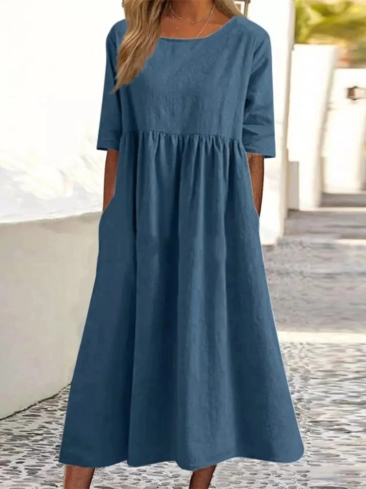 New Fashionable Women's Crew Neck Dress Casual Loose Short-sleeved Solid Color Medium and Long Large Size Skirt