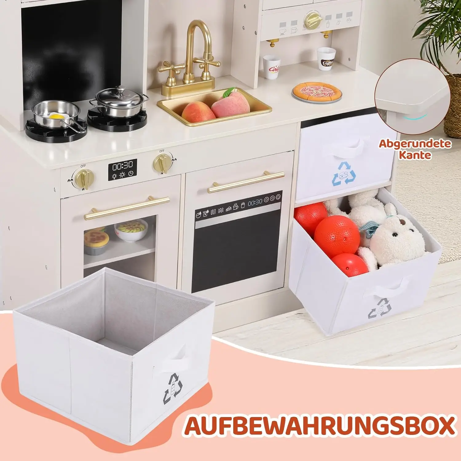 Play Kitchen for Kids, Wooden Pretend Toy Kitchen, Large Toodler Cooking Playset w/Cookware, Stove w/Light & Sound, Fabric Boxs