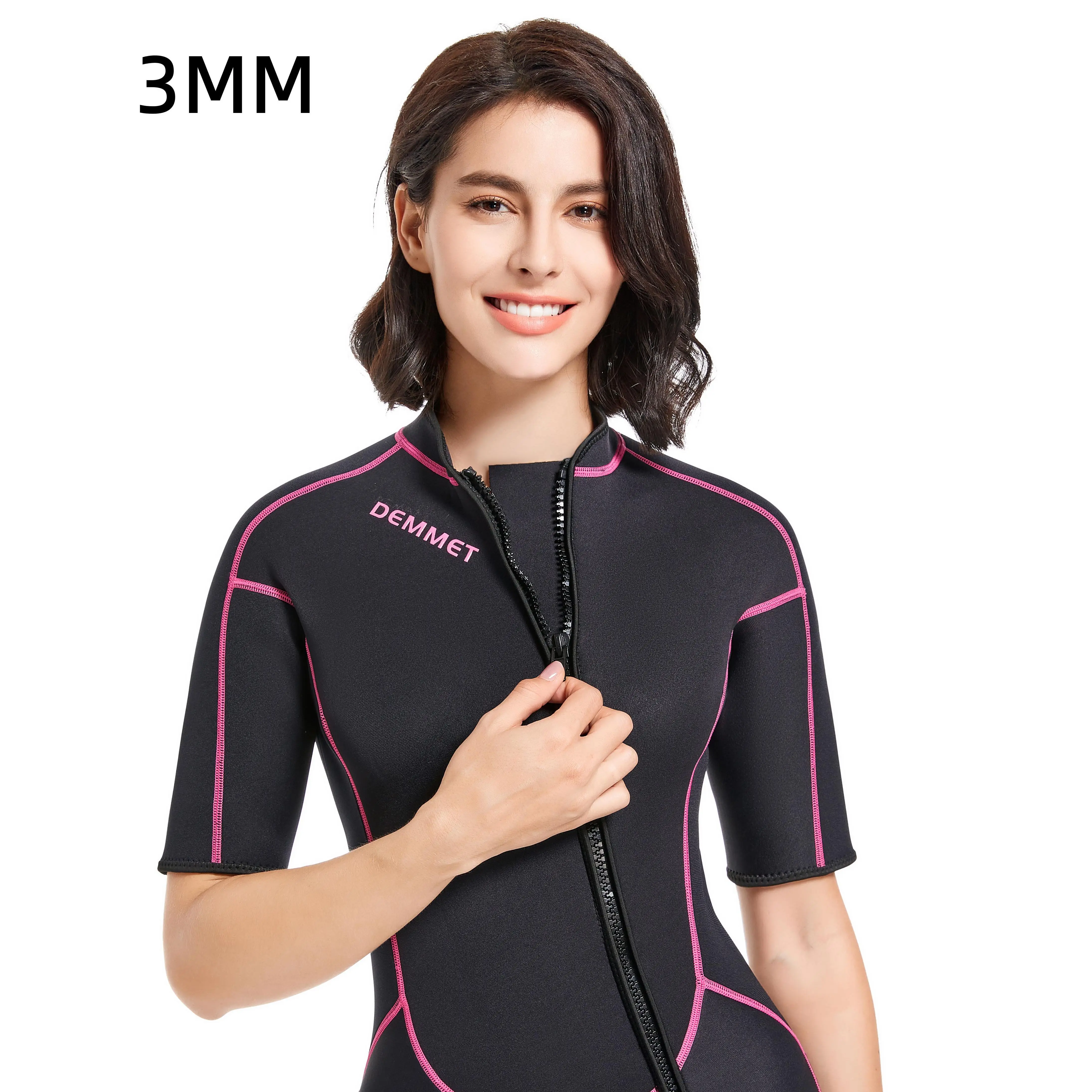 Women's neoprene short sleeve one-piece 3mm wetsuit sun protection warm swimming jellyfish wetsuit front zipper 77Kg