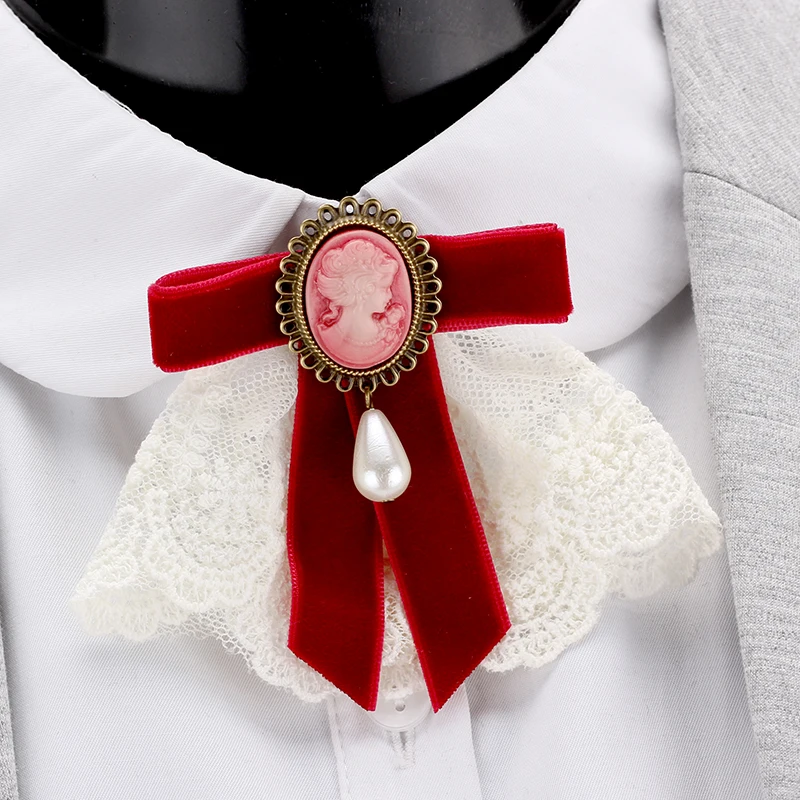 Elegant Lace Velvet Ribbon Bowknot Bronze Plated Queen Cameo Beauty Head Venetian Pearl Water Drop Women Brooch Lapel Pins Gifts metal brooch,enamel brooch,pearl beaded brooch
