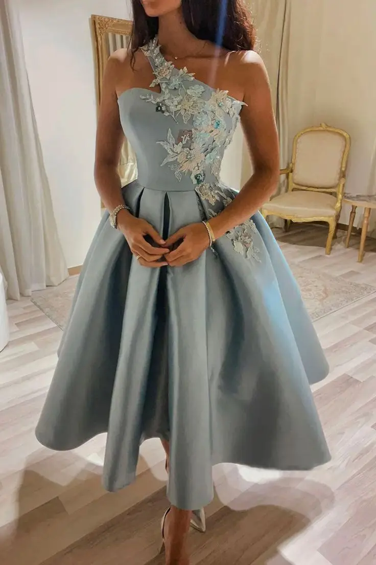 Blue Tea Length Prom Dresses 2024 One Shoulder Lace Floral Applique Ball Gown Formal Party Prom Gowns Special Occasion Dress