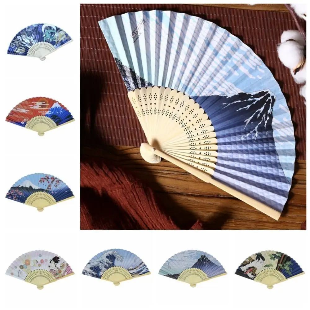 Paper Folding Fan Vintage Japanese Style Bamboo Handle Props Home Decoration