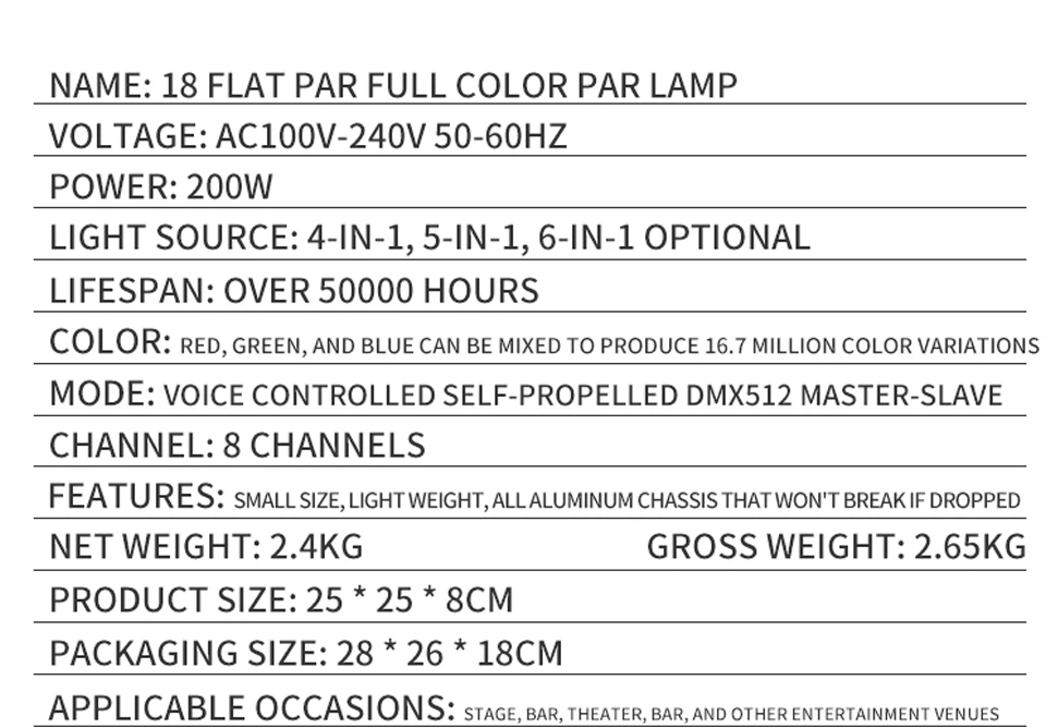 High Power 18Pcs Par Light DMX Full Color Par Light 200W Stage Wash Ambient Ligh