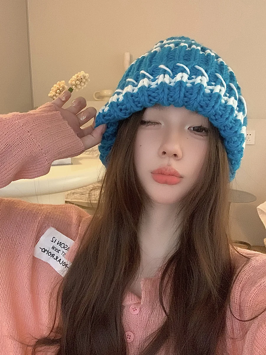 Gebreide beanie muts dames gestreept dik winter warm retro stijl_voghion.com