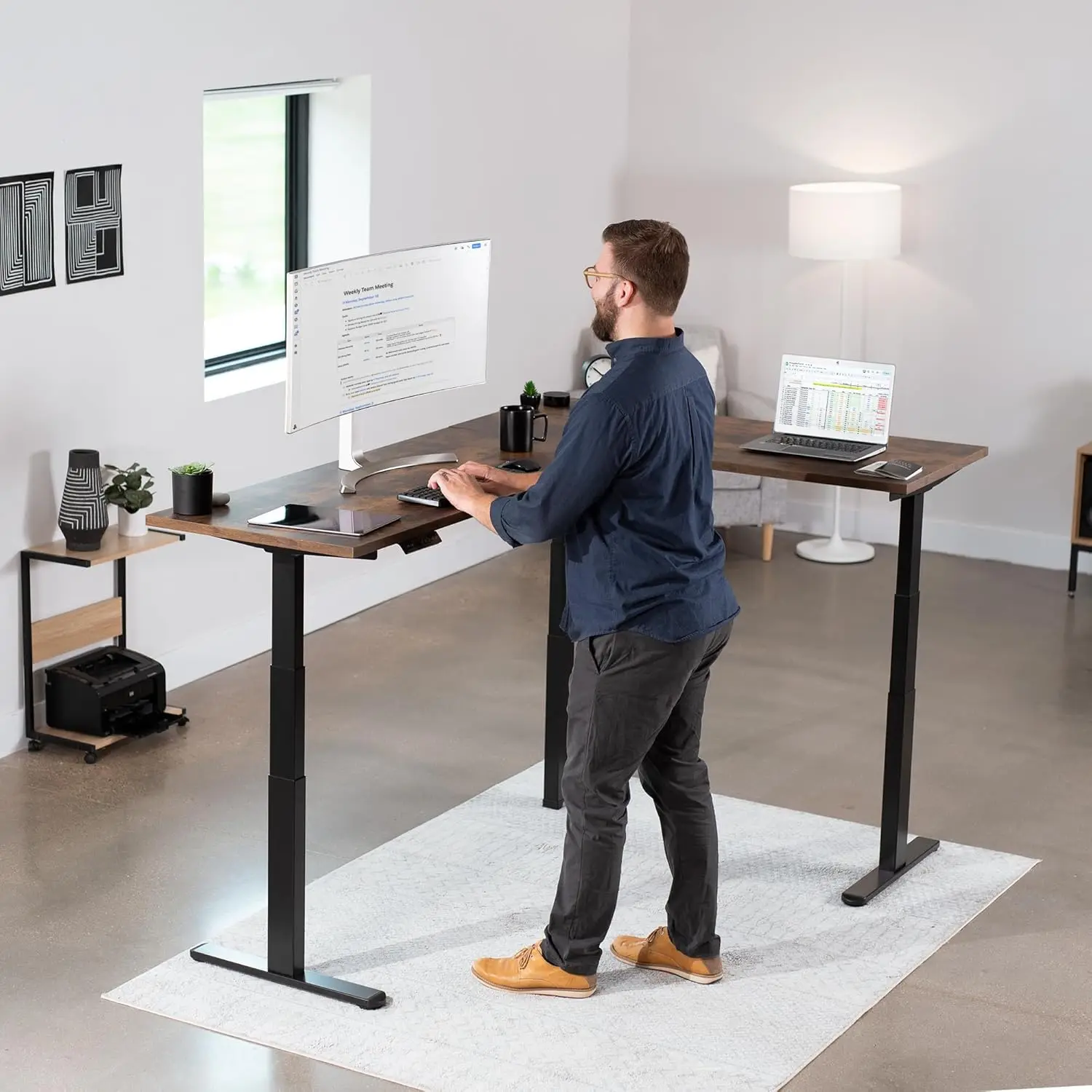 Electric Triple Motor Height Adjustable 3 Leg Corner Desk Frame, up to 300lbs, Sit Stand Ergonomic L Shaped Frame Only, 5