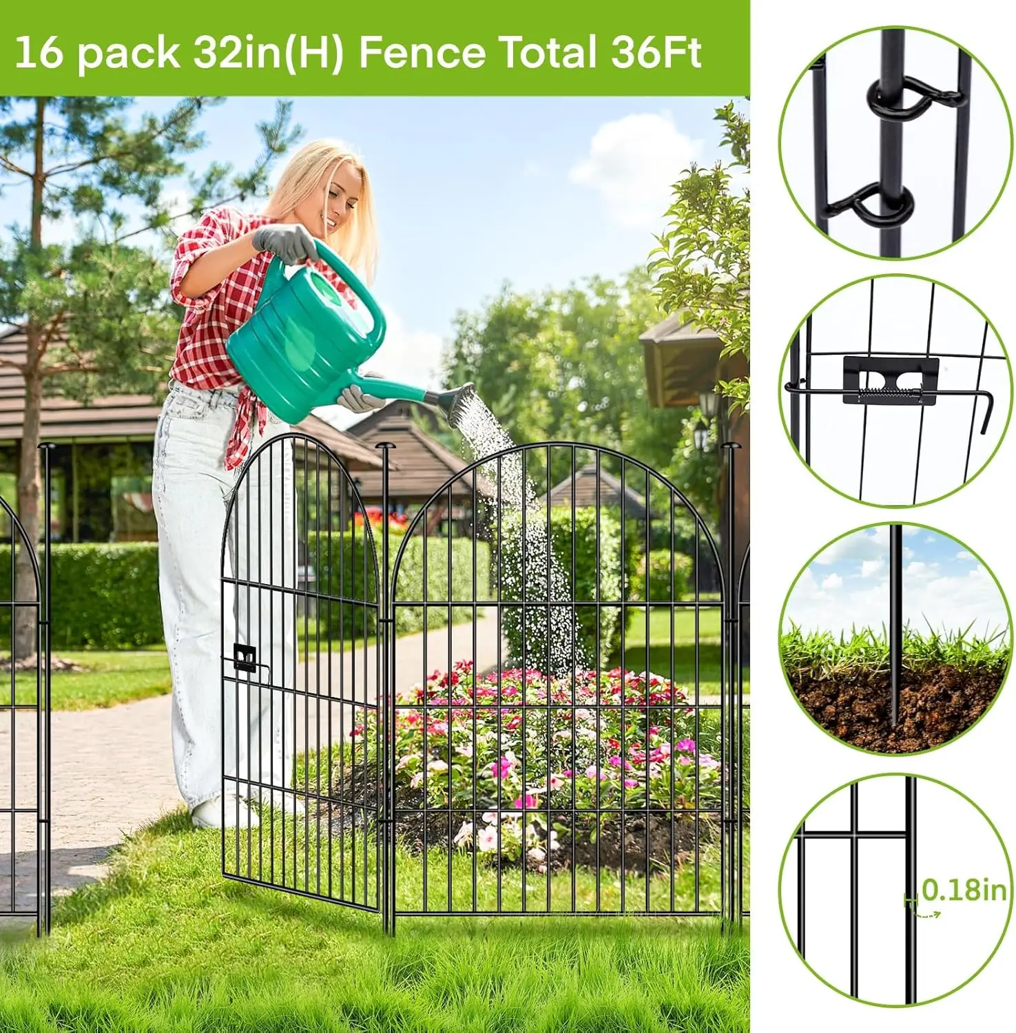 Garden Fence Animal Barrier with Gate 32 in(H)&times;36 Ft(L) 16 Panels,Rustproof Metal Wire Tall Fencing Border for Dogs Rabbits