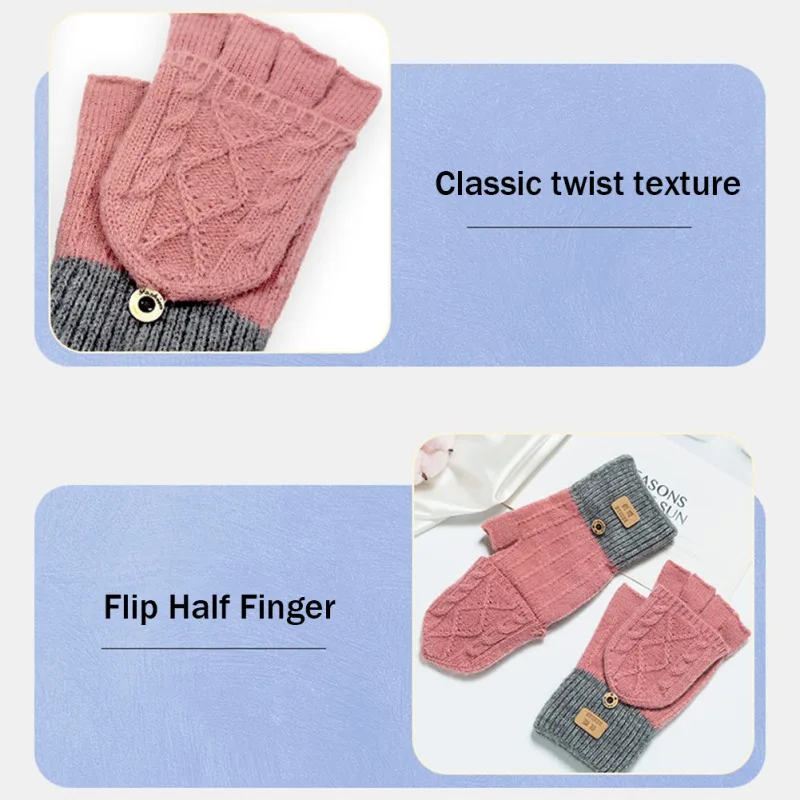 Guantes cálidos de invierno para mujer, guantes de Ciclismo de punto con tapa de medio dedo, gruesos y de terciopelo para estudiantes