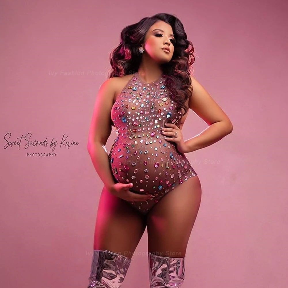 

Photographic Clothing For Pregnant Women High Stretch Spandex Fabric Multicolored Rhinestones Bodysuit Sexy Goddess Maternity