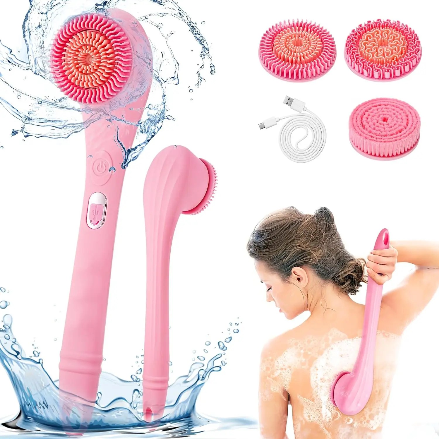 Electric Body Brush Back Scrubber Rechargeable Scrubber Shower Brush 3 Cleaning Heads 2 Speeds Bathing Massage Exfoliator
