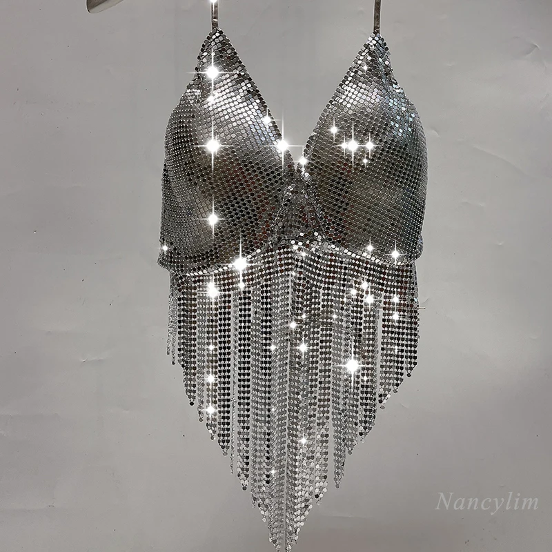 

Fashion Super Sexy Squined Camisole Women Corset Top Glitter Bra Female Night Club Dance Tassel Performance Clothes 2022