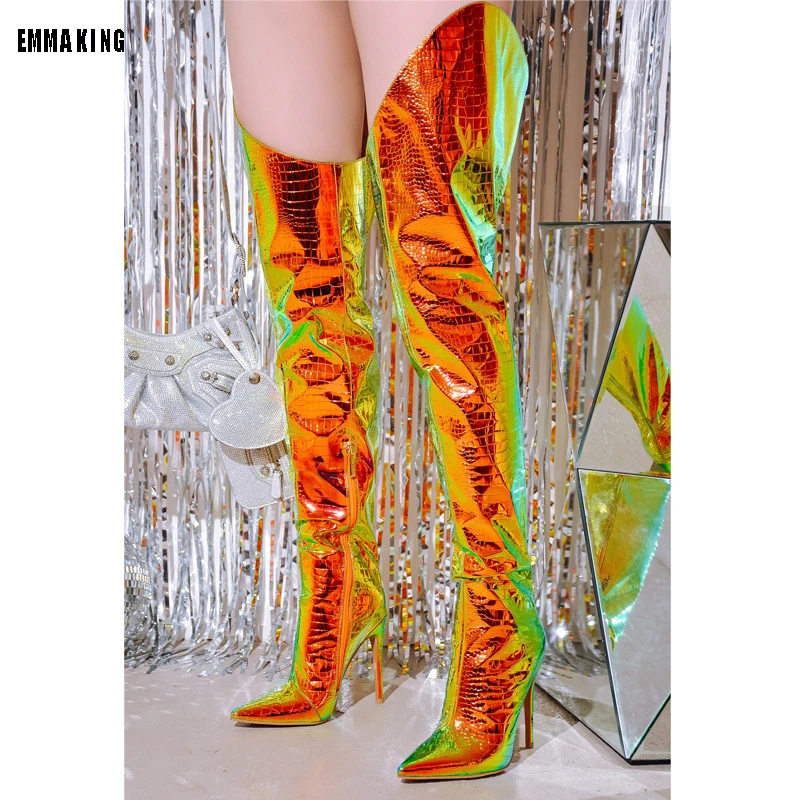 

Over The Knee Boots Metallic Stiletto Golden Color Boots Pointy Toe Thin High Heels Casual Boots Stone-Pattern Glossy Size 44