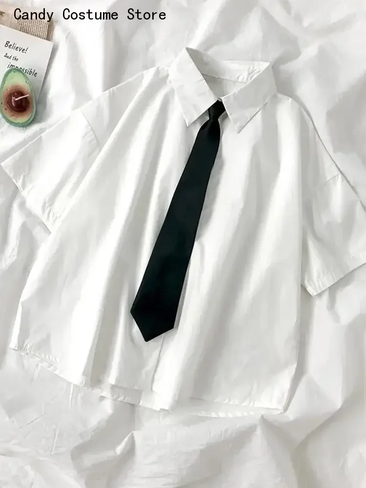 Summer Button Up Tops White Shirts Women Fashion Black Tie Japan Style Preppy Students JK Girls Blouse Simple Solid Loose