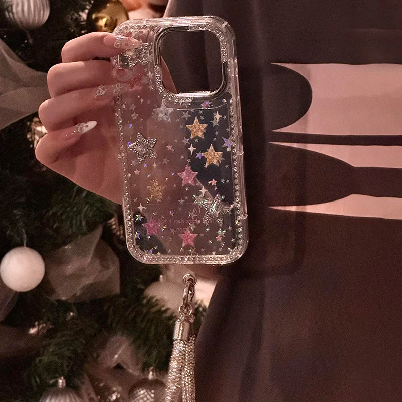 Dopamine Diamond Studded 3D Star Phone Case with Chain