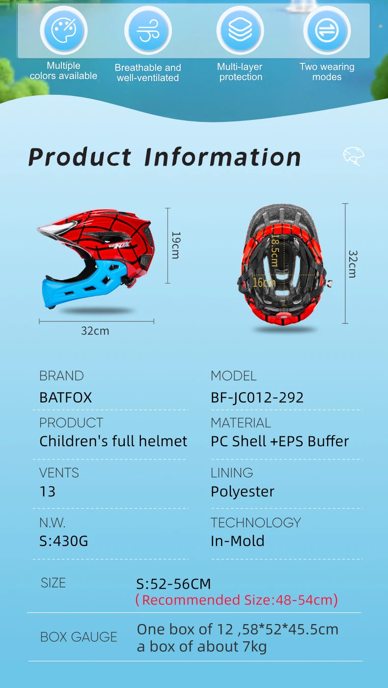 BATFOX Kinder Integral-Fahrradhelm Abnehmbares Kinn Laufrad Skateboard Rollschuhlaufen Sicherheitskappe Kinderfahrrad Fahrradausrüstung – Detail 2