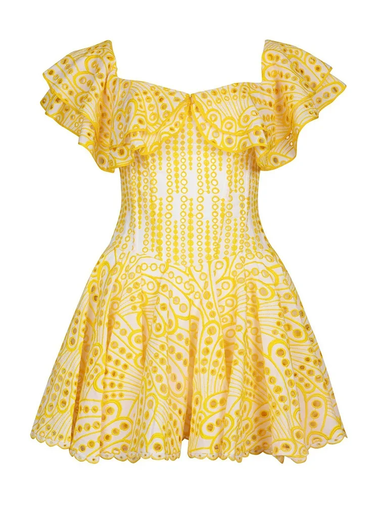

2023 Female Summer Clothing New Cut Out Women Slash Neck Short Sleeve High Waist Mini Solid Minimalist Dresses